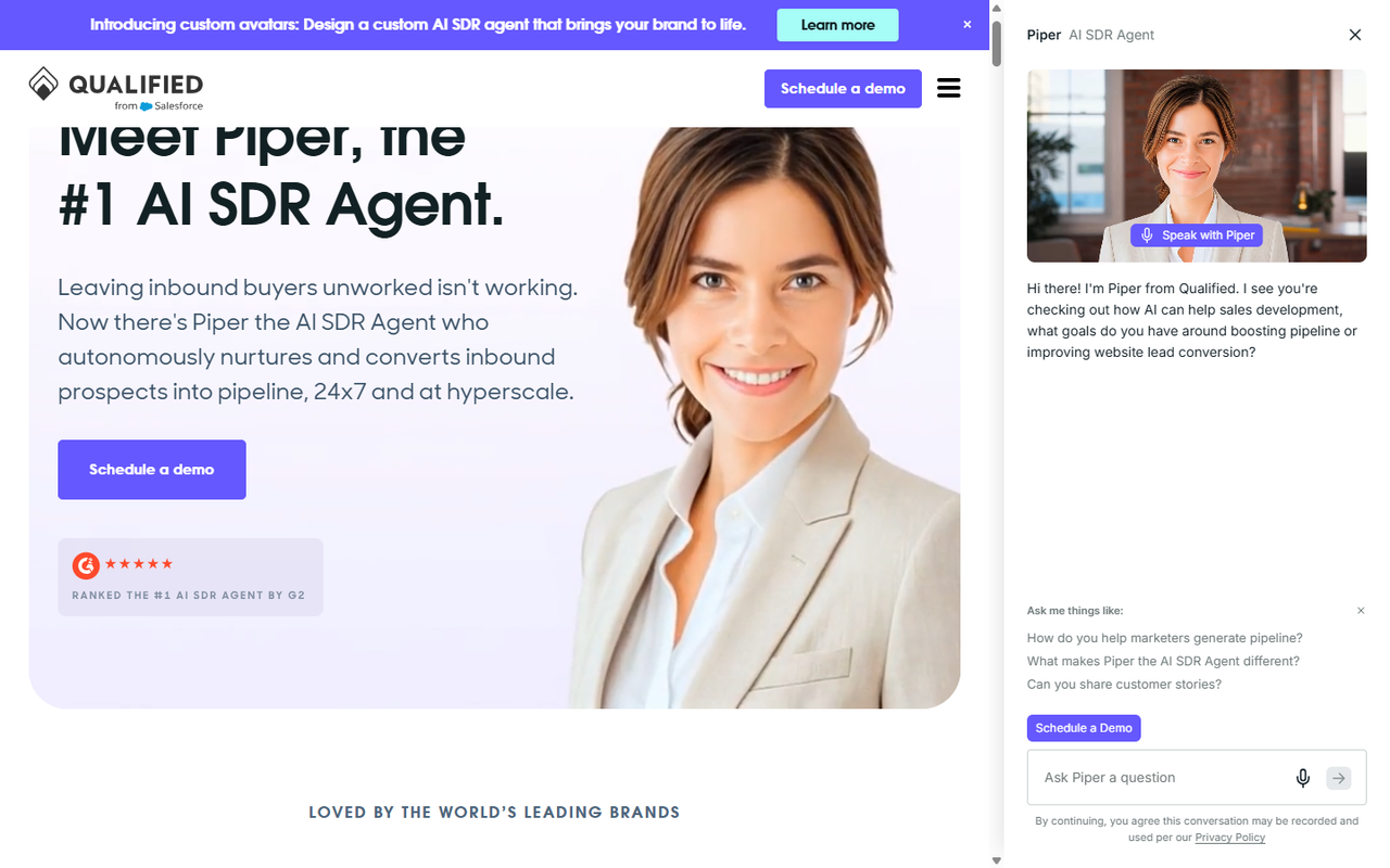 Qualified's site with Piper, the inbound AI SDR agent, live-engaging a website visitor in its own chat panel