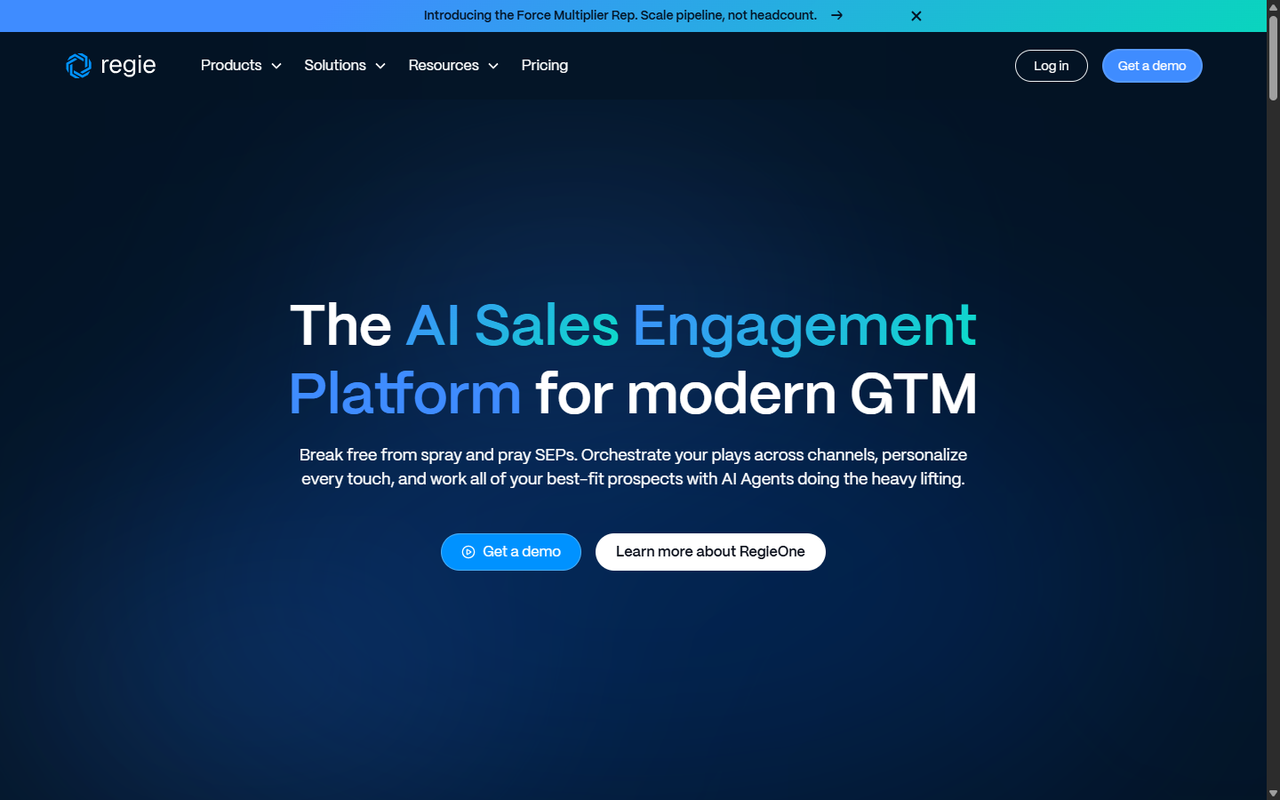 Regie.ai homepage: the AI sales engagement platform for modern GTM, announcing the Force Multiplier Rep agent