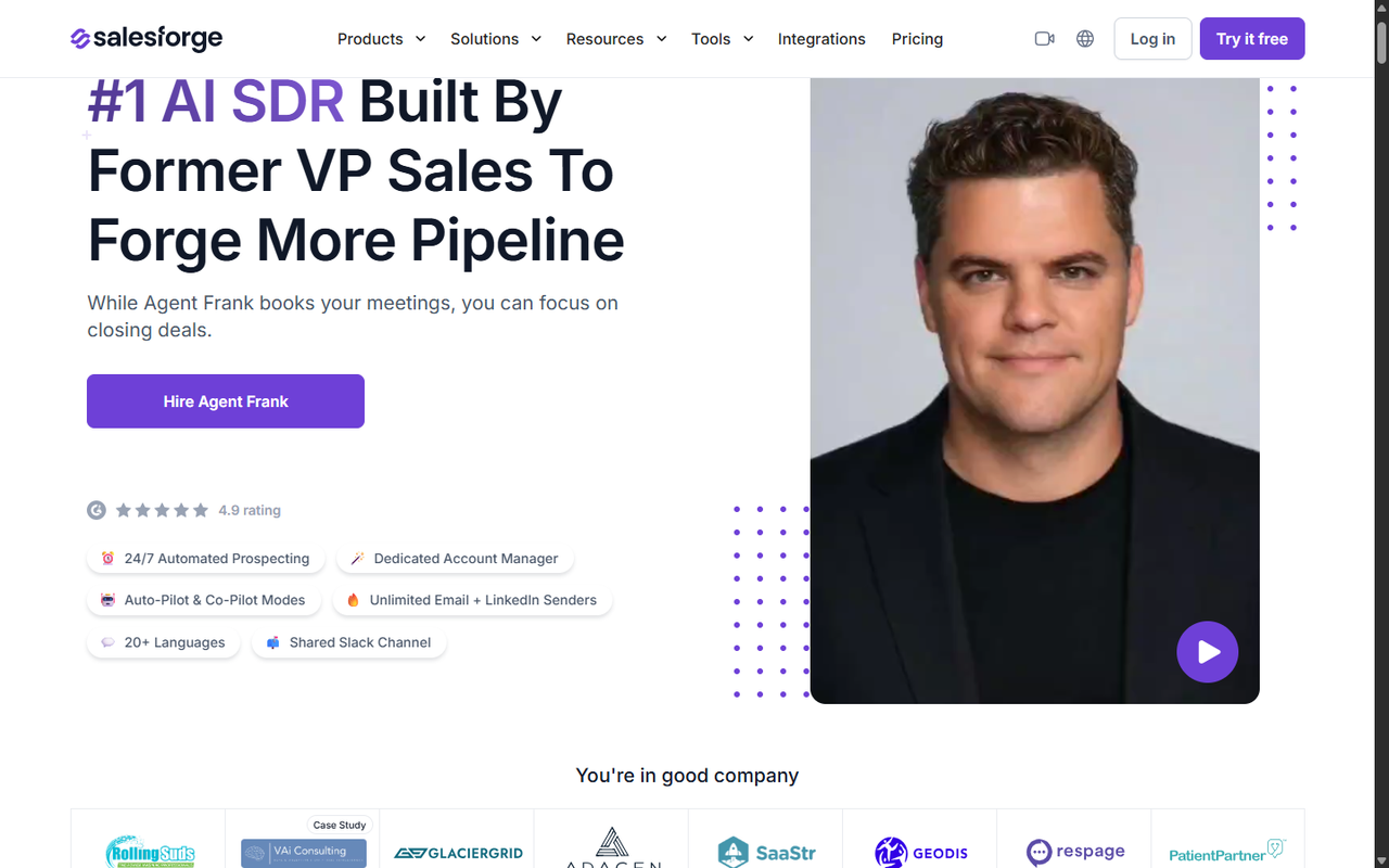 Salesforge's Agent Frank page: hire an AI SDR with Auto-Pilot and Co-Pilot modes, 4.9 G2 rating and feature list