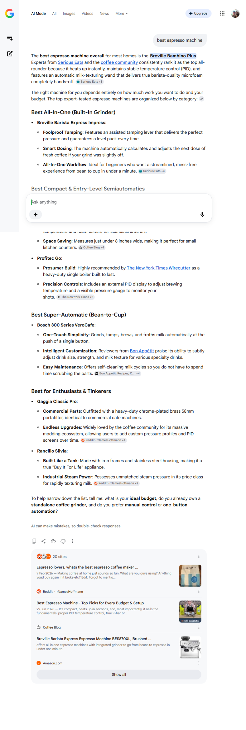 Google AI Mode answer for best espresso machine, showing ranked recommendations with inline citations and no ads