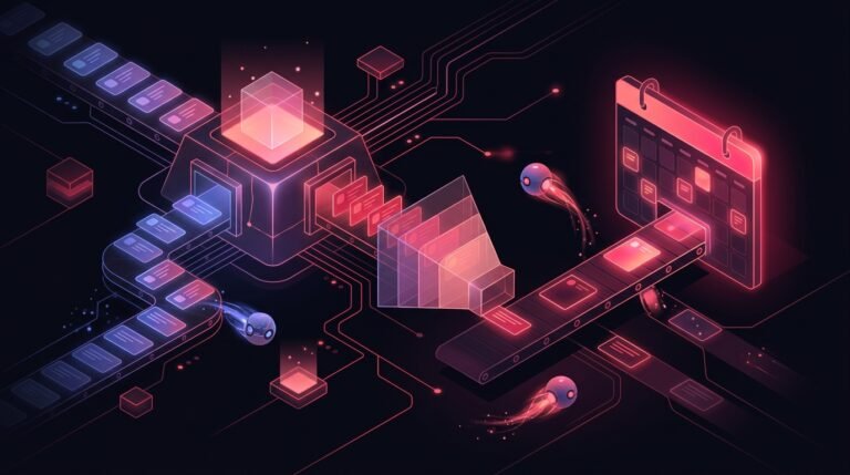 Isometric conveyor system moving contact records through a glowing cube and into a calendar panel.