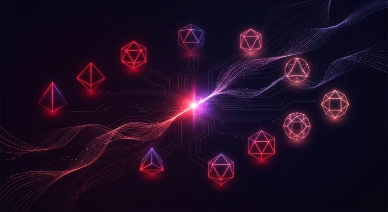 Ring of wireframe polyhedra of different shapes arranged around a single bright convergence point on a circuit field.