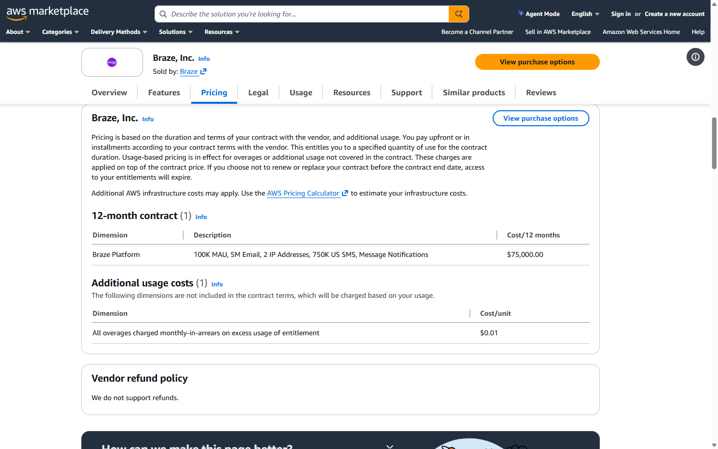 AWS Marketplace listing for Braze, Inc. The header reads Sold by: Braze. A 12-month contract table lists the dimension Braze Platform, described as 100K MAU, 5M Email, 2 IP Addresses, 750K US SMS, Message Notifications, at a cost of ,000.00 per 12 months.