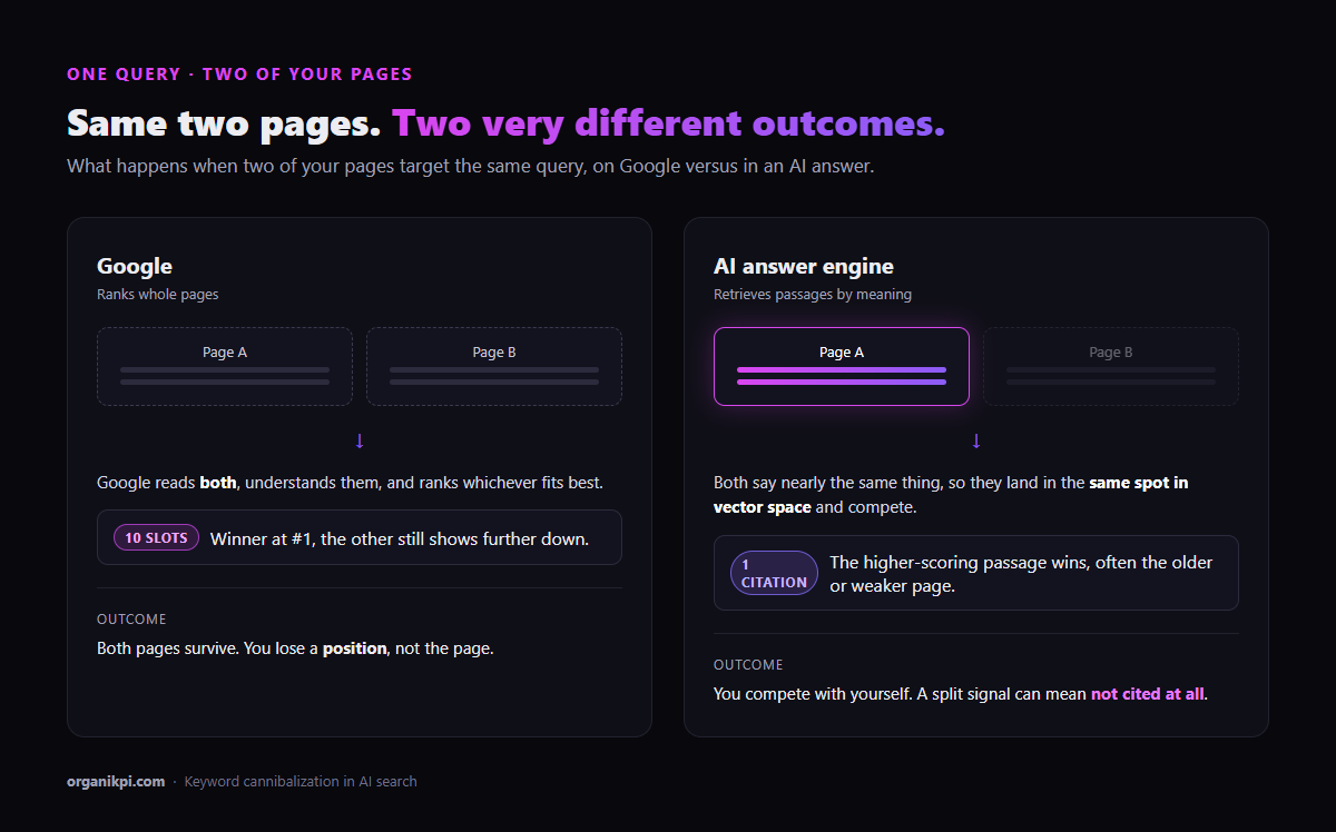Side-by-side comparison of how two pages targeting the same query fare on Google versus in an AI answer engine. On Google, which ranks whole pages, both pages survive: it ranks the better one first and the other still shows further down, so you lose a position rather than the page. In an AI answer engine, which retrieves passages by meaning, the two pages land in the same spot in vector space and compete for a single citation slot; the higher-scoring passage wins, often the older or weaker page, and a split signal can mean you are not cited at all.