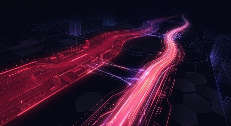 Aerial view of two light-trail highways over a circuit landscape, one broad and dense, the other a single bright stream.
