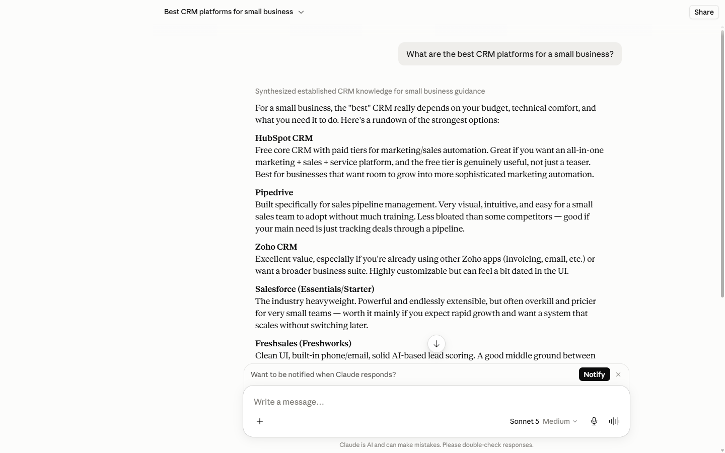 Claude answering the best CRM platforms for a small business, recommending HubSpot, Pipedrive, Zoho, Salesforce, Freshsales, Monday and Airtable, with a status line reading synthesized established knowledge and no cited sources shown.