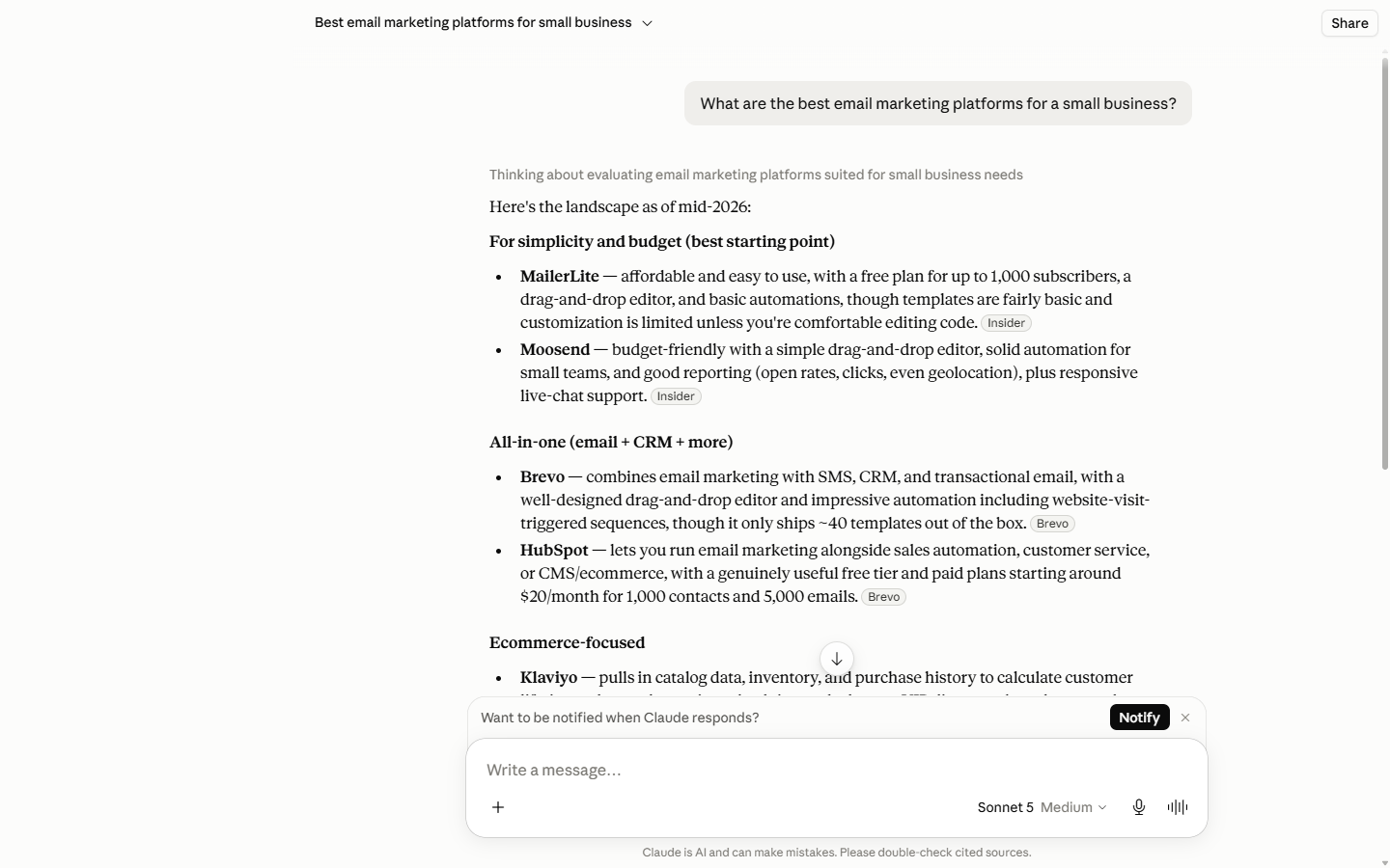 Claude answering the best email marketing platforms for a small business, recommending MailerLite, Moosend, Brevo, HubSpot, Klaviyo, Omnisend, Mailchimp and Flodesk, with inline source labels such as Insider, Brevo and Salesforce.