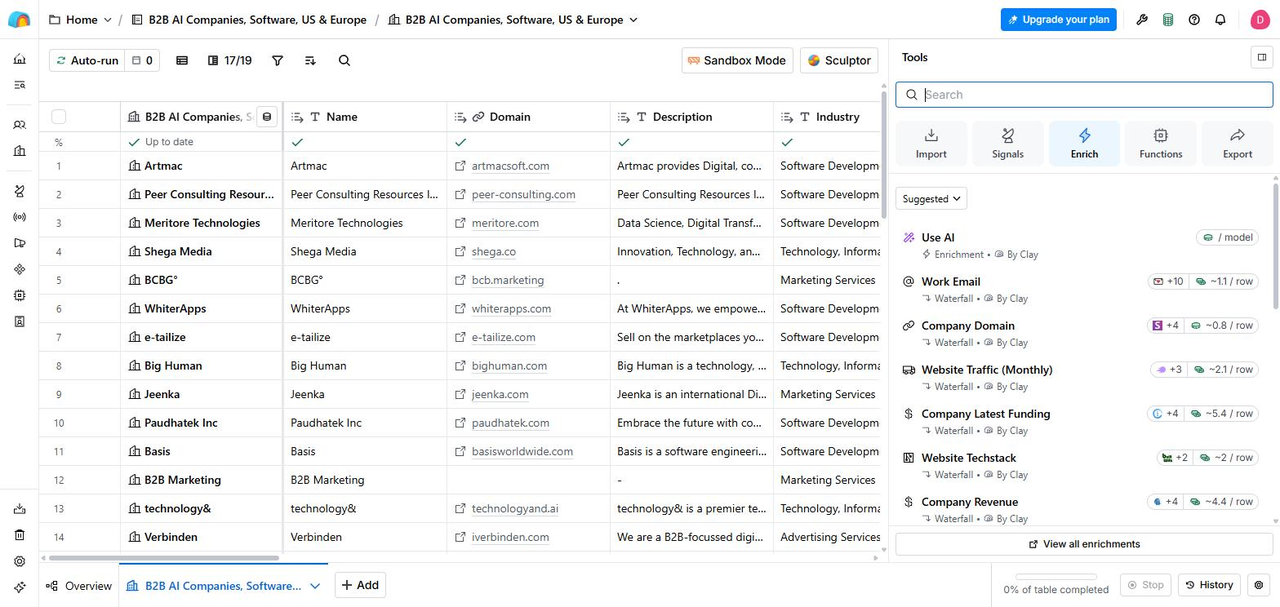 Clay trial workspace: a 1,000-company table built from one natural-language search, with the Enrich panel showing per-credit data providers