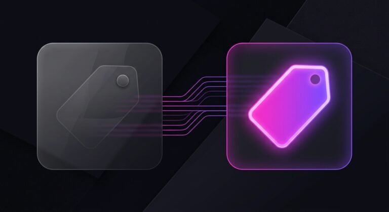 Two dark panels side by side. The left panel shows a dim, blank, unlit price tag. The right panel shows the same price tag brightly lit in a fuchsia-to-purple gradient, with data streams flowing from left to right.