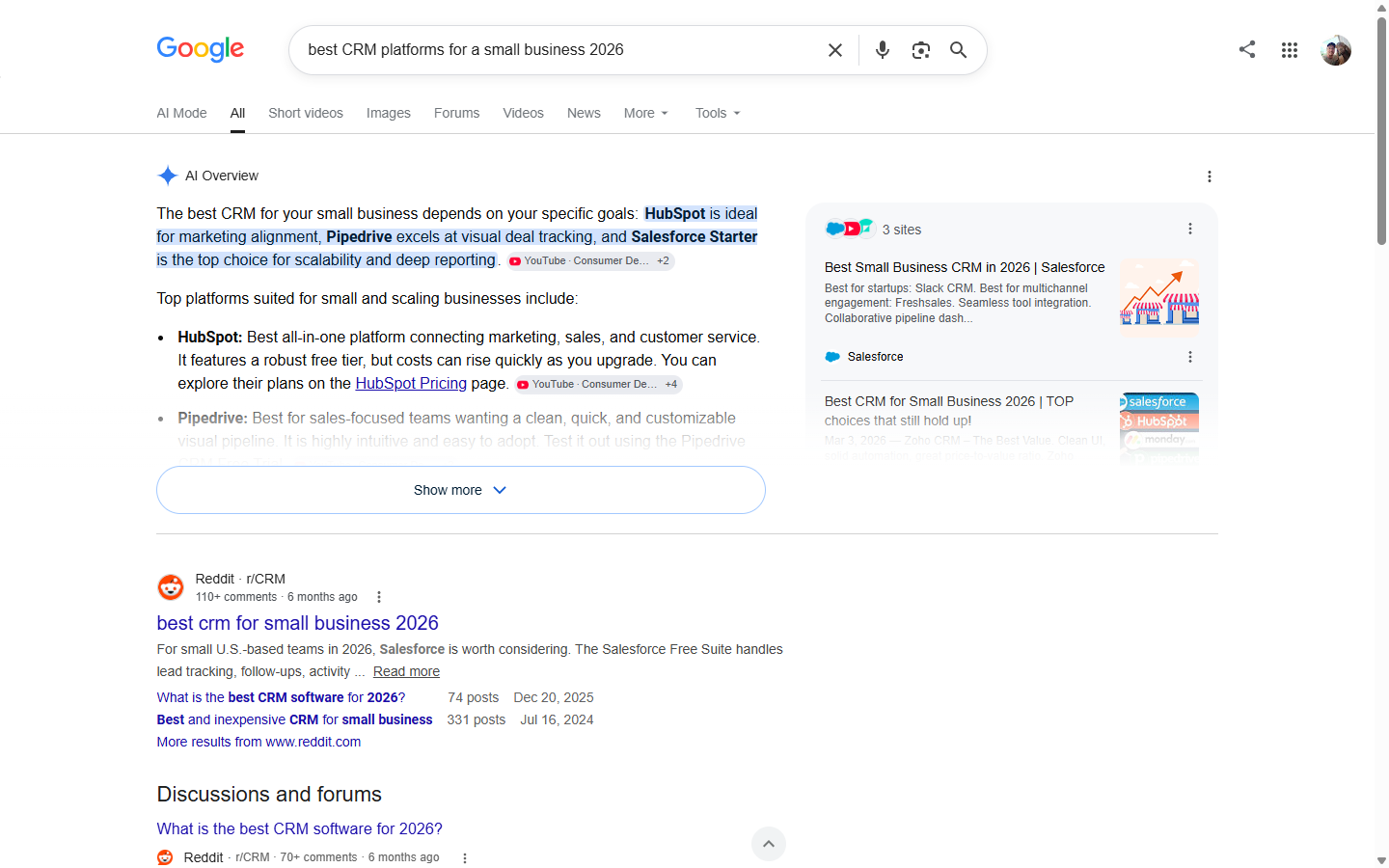 Google AI Overview answering best CRM for a small business, recommending HubSpot, Pipedrive, Salesforce, Zoho, Salesflare, and Capsule in a comparison table.