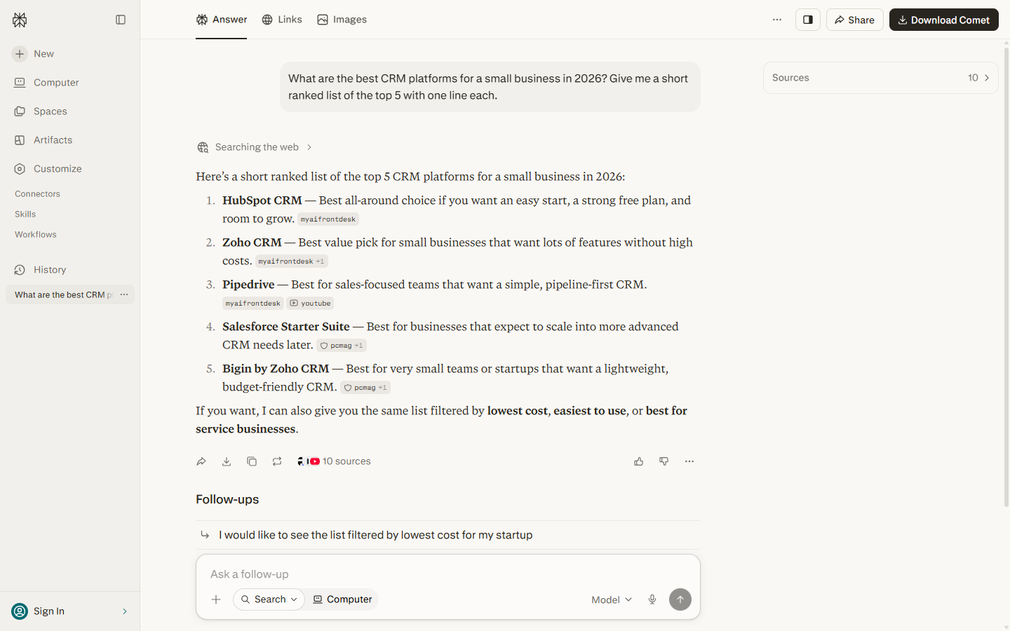 Perplexity answering best CRM for a small business, recommending HubSpot, Zoho, Pipedrive, Salesforce Starter, and Bigin by Zoho, citing sources including a vendor blog.