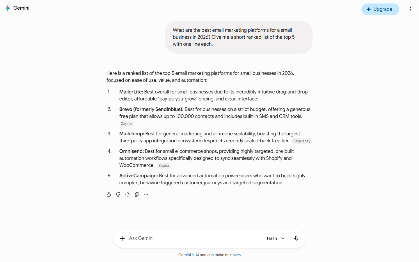 Google Gemini answering best email marketing platforms for a small business, recommending MailerLite, Brevo, Mailchimp, Omnisend, and ActiveCampaign with source citations.