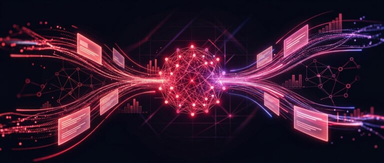 Abstract neon visualization of AI search in 2026: data streams and search cards flowing into a central neural core.