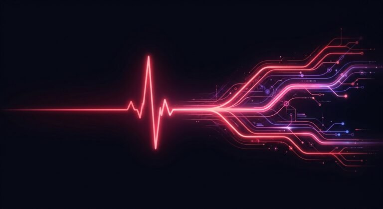 Flat heartbeat line that spikes once, then branches into a spread of glowing circuit pathways.