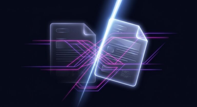 Two overlapping translucent documents split by a bright vertical beam, with magenta lines crossing between them.
