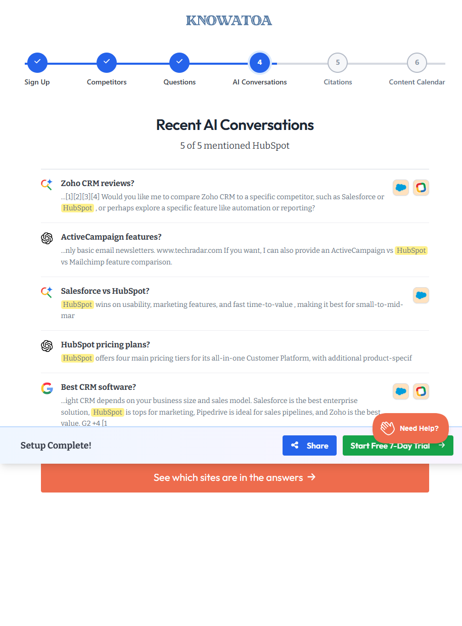 Knowatoa free audit for HubSpot showing five recent AI conversations across ChatGPT, AI Mode, and AI Overviews, all mentioning HubSpot