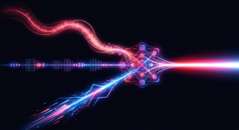 A flowing text stream and a structured data stream merging into a neural lattice that emits one focused beam.