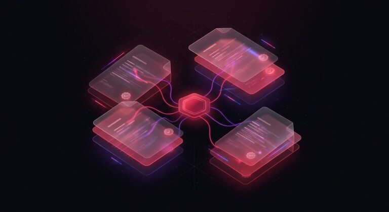 Four translucent document cards, each carrying a verification badge, linked by glowing lines to a single hexagonal node.