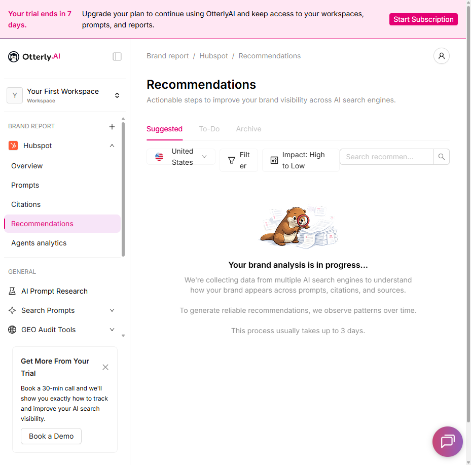 Otterly.AI recommendations tab showing a brand analysis in progress message, stating reliable recommendations take up to three days of data