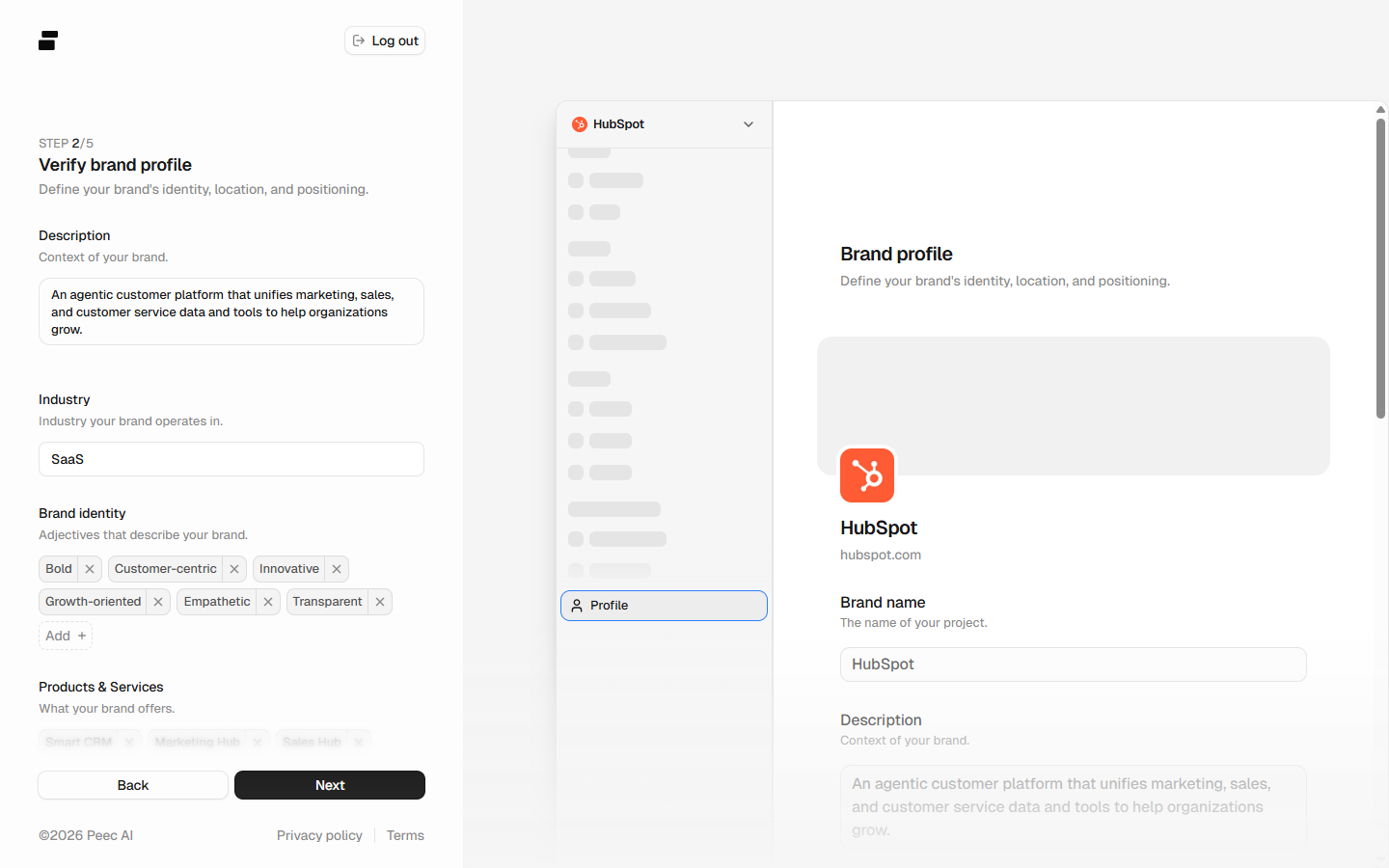 Peec AI onboarding building a brand profile for HubSpot at hubspot.com, with an auto-filled description, SaaS industry, and brand identity tags.