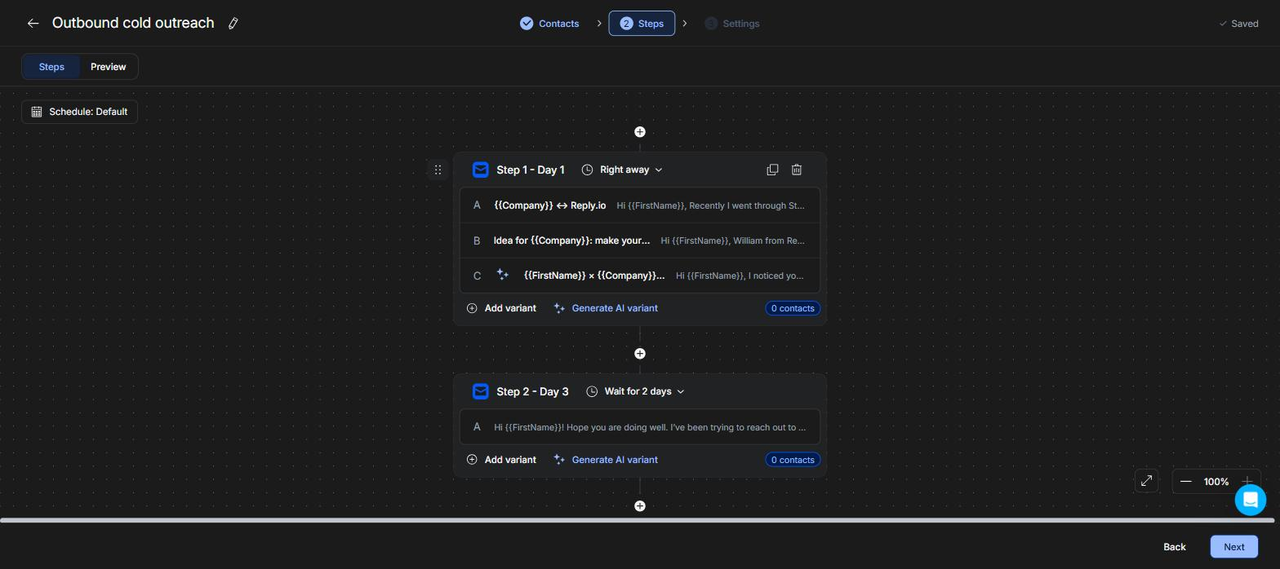 Reply.io trial workspace: a three-step outbound sequence with A/B variants and an AI-generated variant C on step one