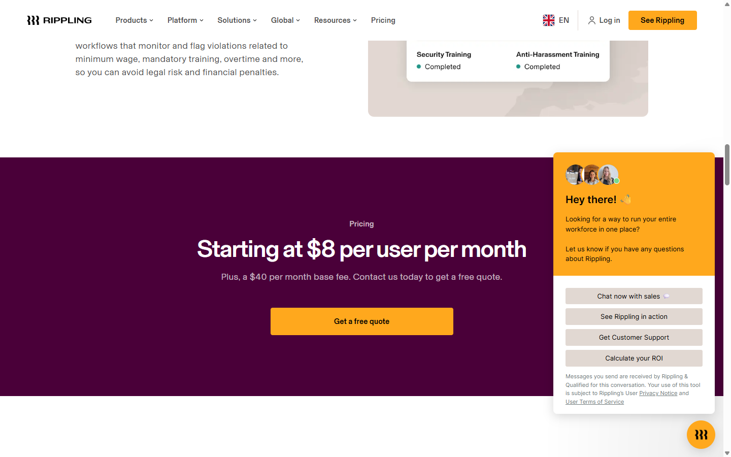 Rippling’s UK page, with a Union Jack flag in the header, displaying in large type: Starting at  per user per month. Beneath it: Plus, a  per month base fee.