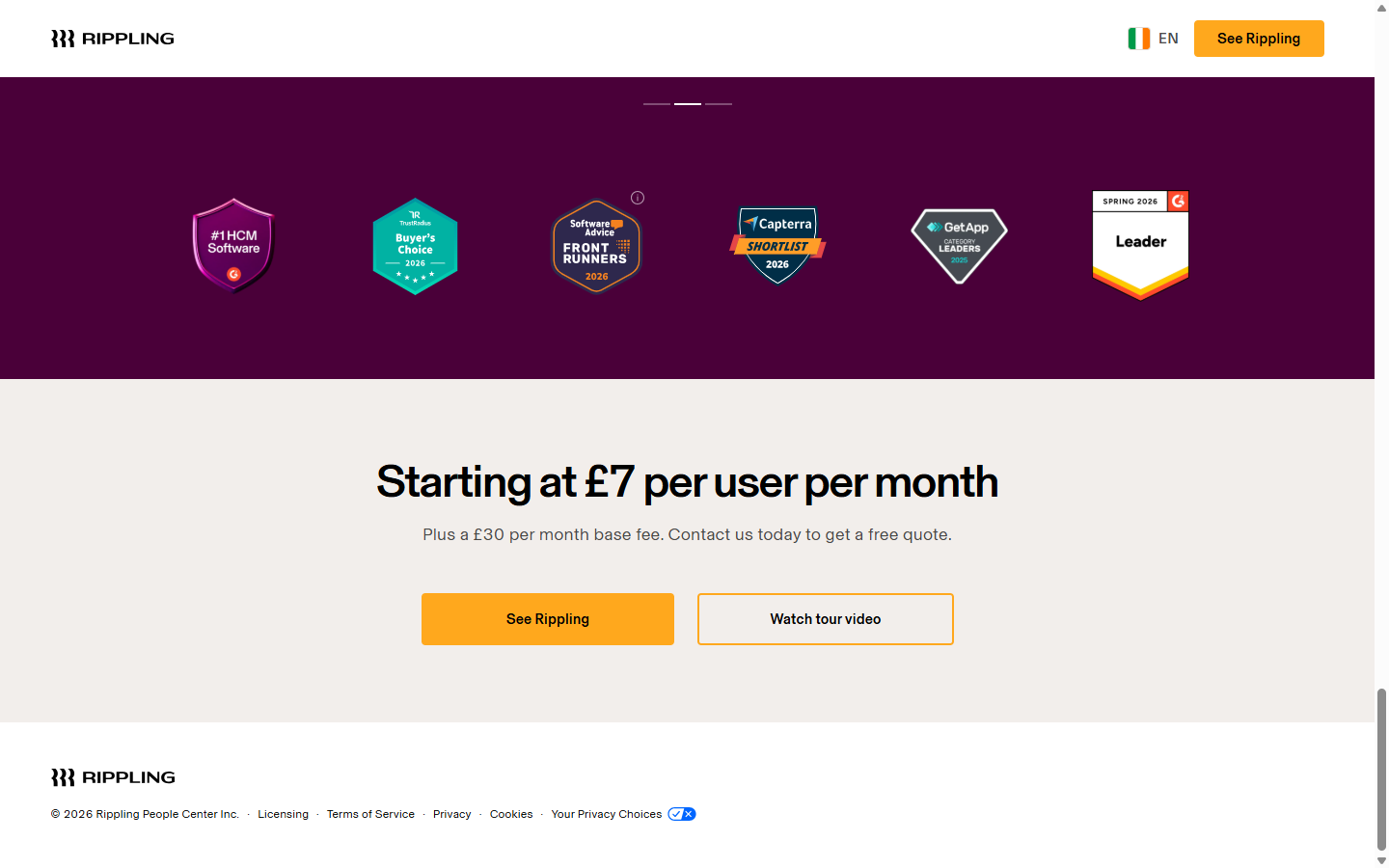 Rippling’s Ireland page, with the Irish tricolour flag in the header, displaying in large type: Starting at 7 pounds per user per month. Beneath it: Plus a 30 pounds per month base fee.
