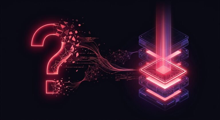 Large glowing question mark dissolving into particles that stream into a layered stack of processing chips.