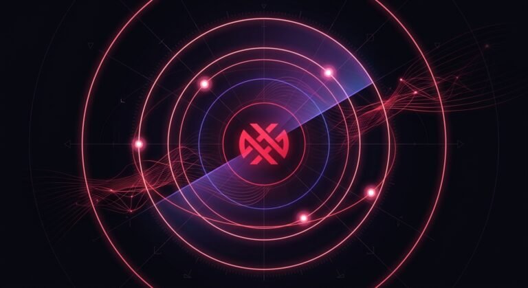 Concentric radar rings with four bright markers and a scanning sweep passing over a central emblem.