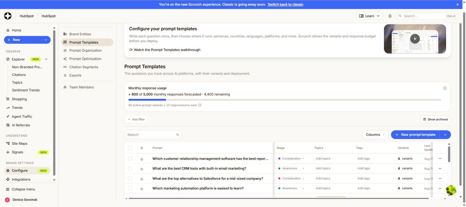 Scrunch prompt templates screen showing a monthly response usage meter reading 600 of 5,000 monthly responses forecasted, 4,400 remaining, from 60 active prompt variants at 10 responses a month each.
