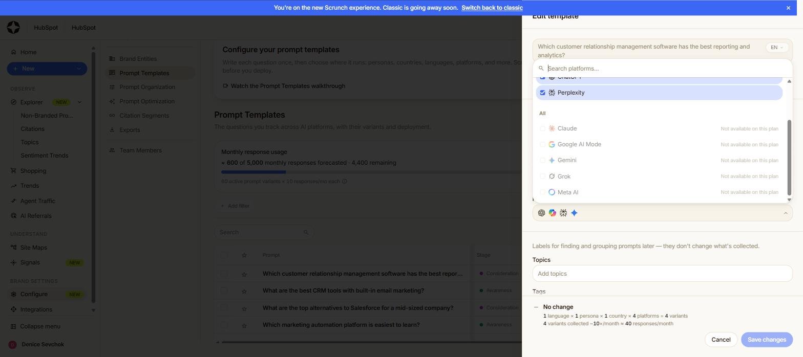 Scrunch platform picker with ChatGPT and Perplexity selected, and Claude, Google AI Mode, Gemini, Grok and Meta AI listed below marked not available on this plan.