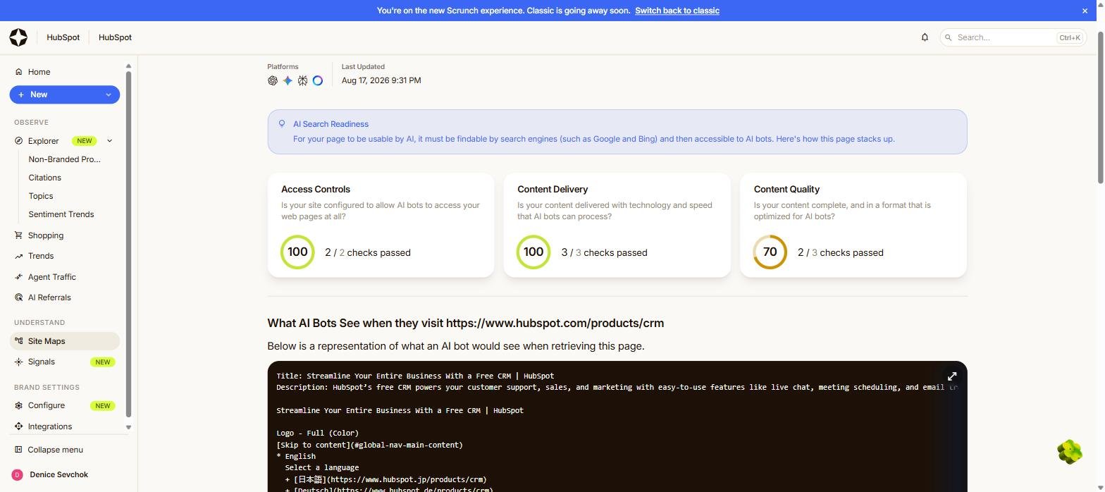Scrunch page audit for hubspot.com/products/crm showing AI search readiness scores of 100 for access controls, 100 for content delivery and 70 for content quality, above a panel headed what AI bots see when they visit the page.