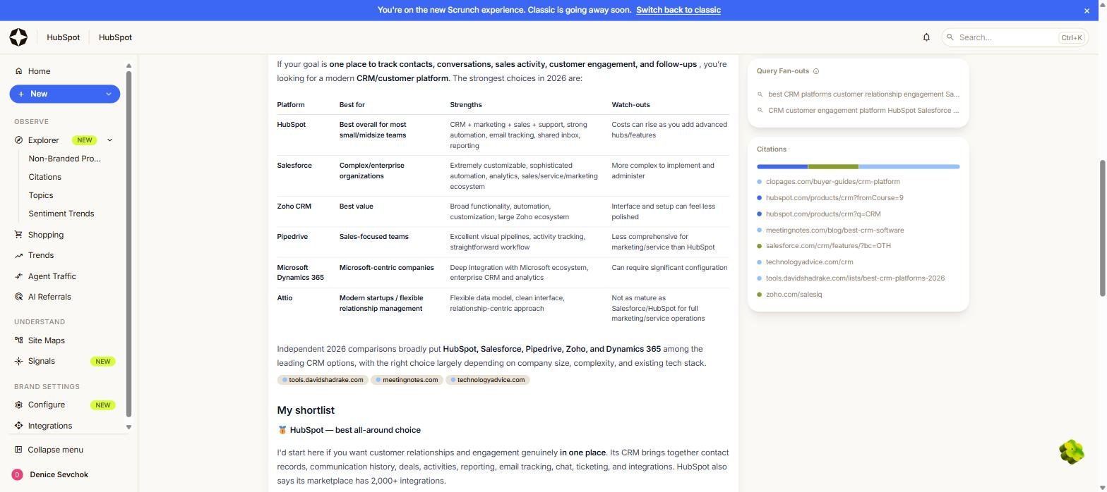 A stored ChatGPT answer inside Scrunch showing a CRM comparison table with HubSpot ranked best overall, beside a Query Fan-outs panel listing the two searches ChatGPT ran and a Citations panel listing eight source URLs.