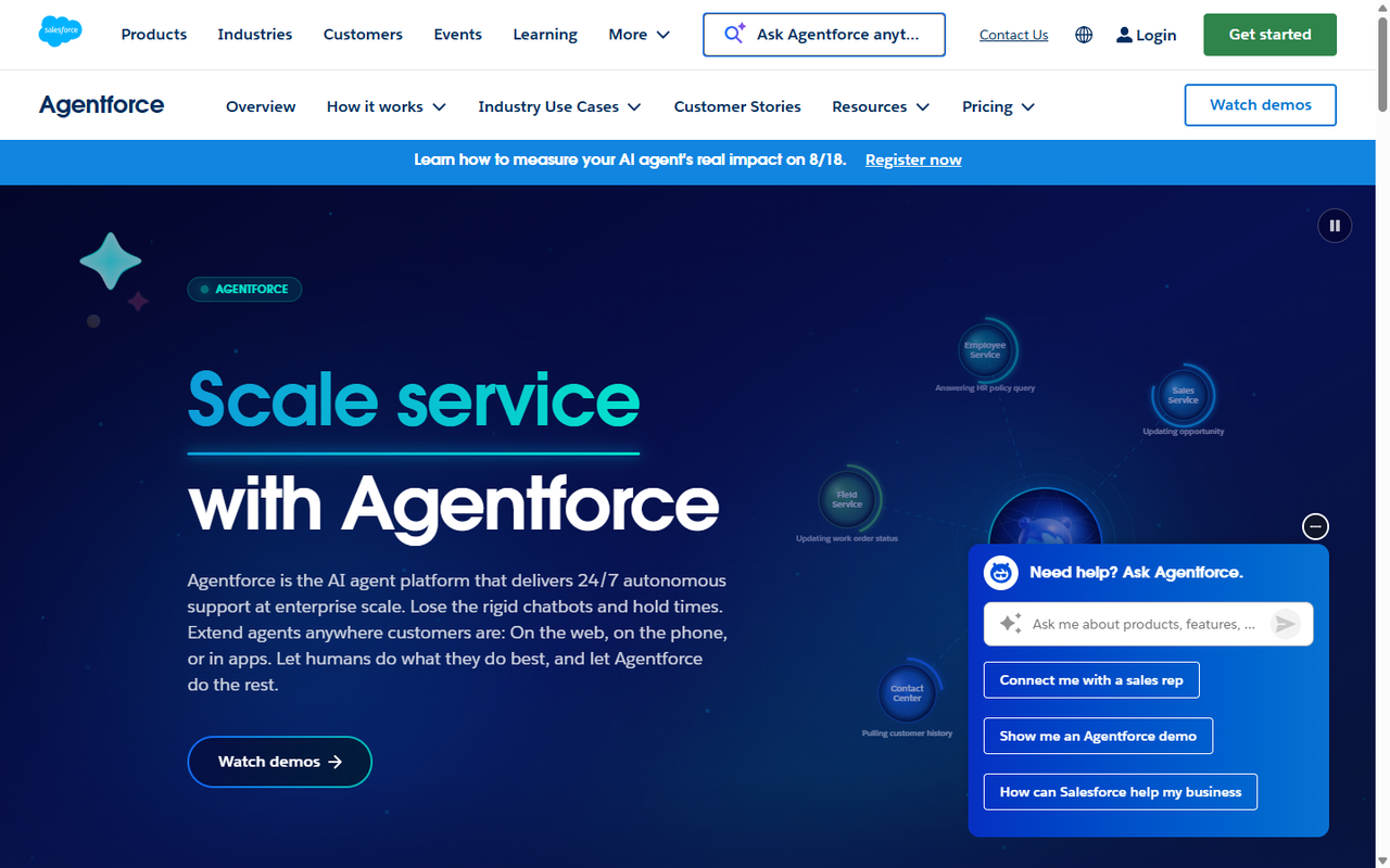 Salesforce Agentforce homepage with its own AI agent panel open, offering to connect the visitor to a sales rep