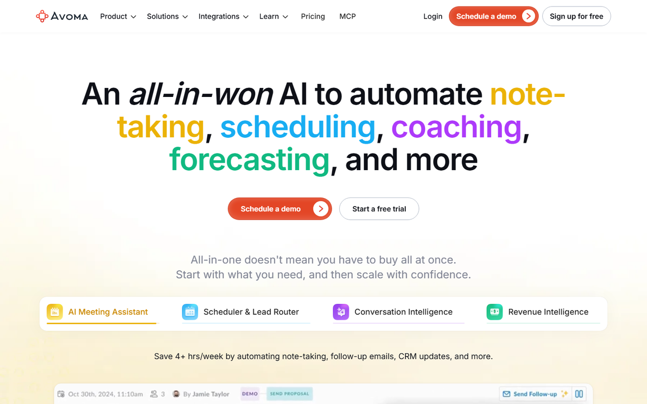 Avoma homepage showing its four separately priced products: AI meeting assistant, scheduler and lead router, conversation intelligence and revenue intelligence