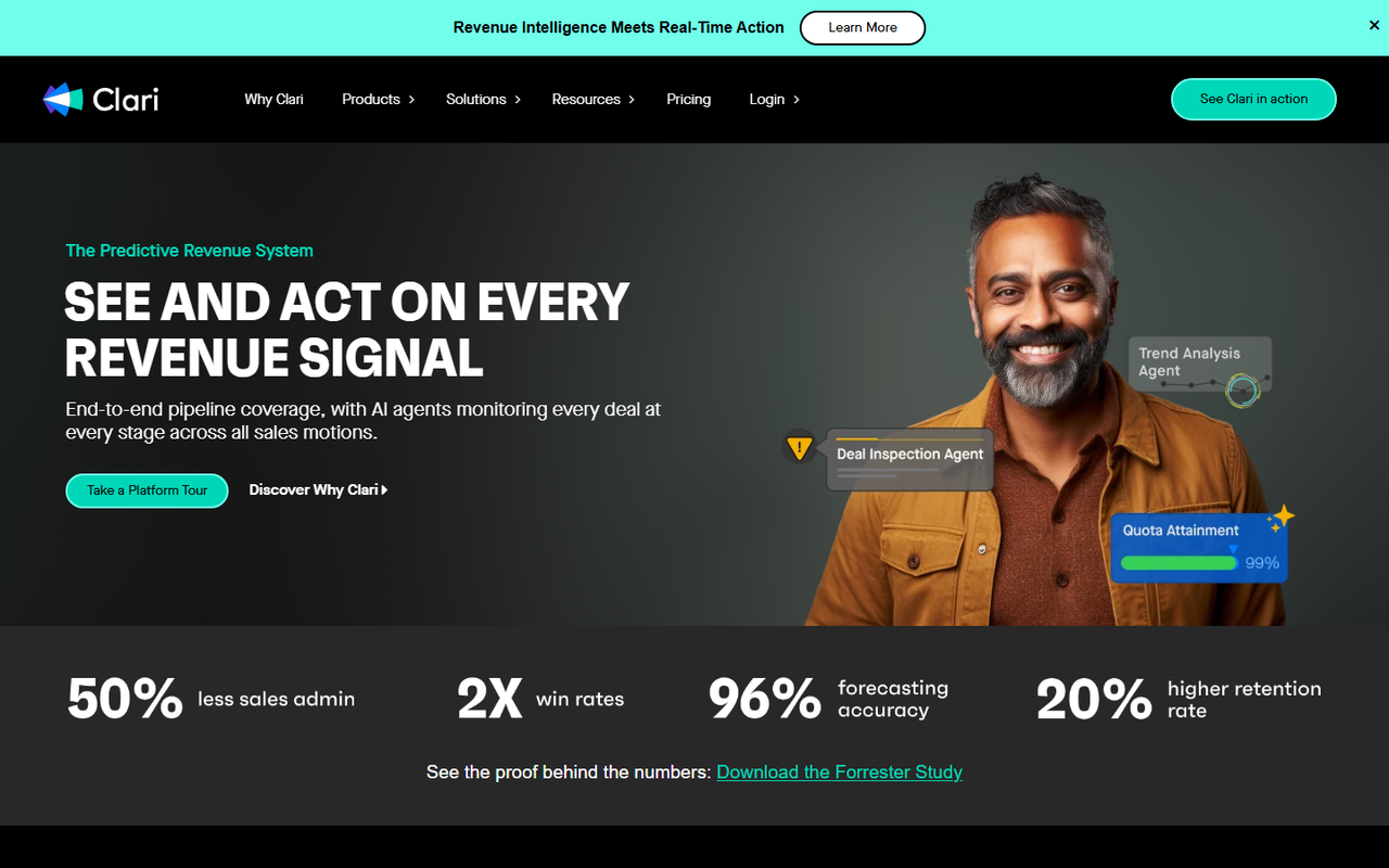 Clari homepage showing AI agents for trend analysis and deal inspection alongside a quota attainment tracker
