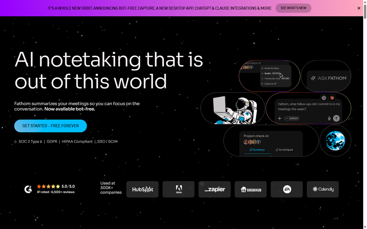 Fathom AI notetaker homepage showing the Ask Fathom panel, a meeting summary card and ChatGPT and Claude integrations