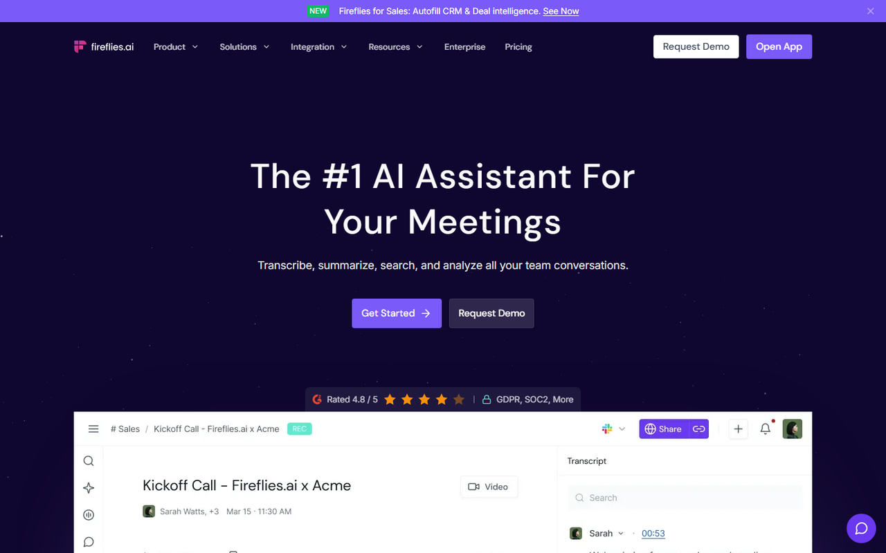 Fireflies.ai homepage showing its meeting workspace with a live kickoff call, a transcript panel and a G2 rating of 4.8 out of 5