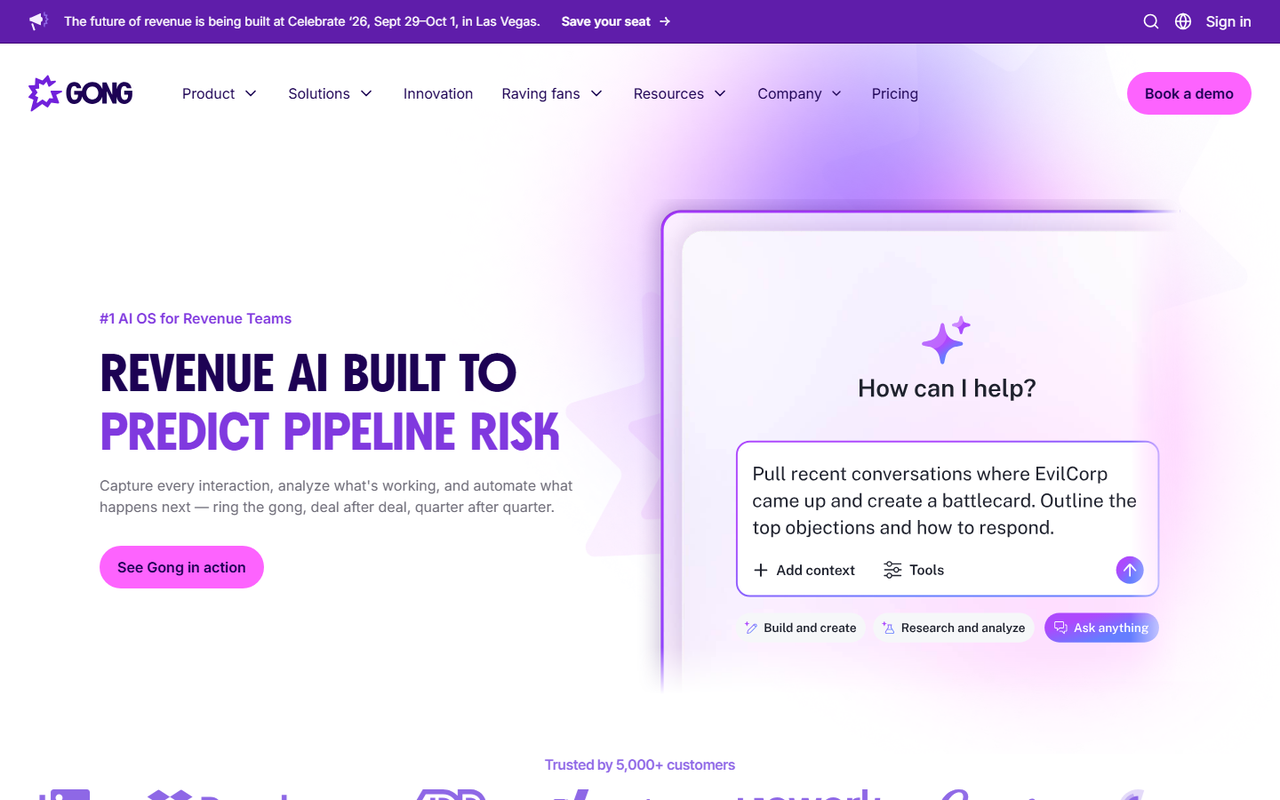Gong homepage showing its Revenue AI prompt interface being asked to build a battlecard from recent customer conversations