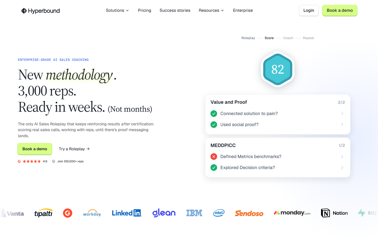 Hyperbound homepage showing an AI roleplay scorecard with a score of 82 and MEDDPICC criteria marked off