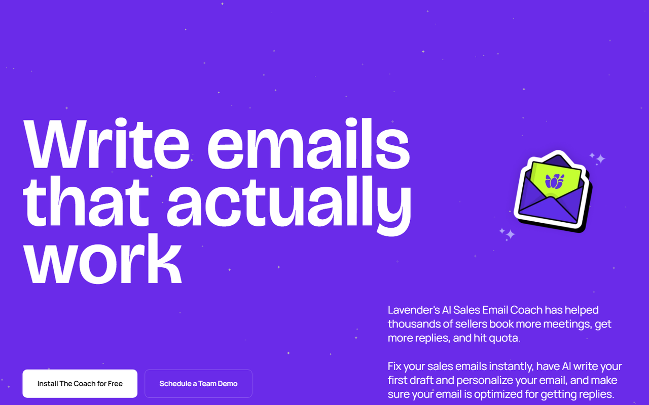 Lavender email coach page describing AI that drafts and scores sales emails before a rep sends them