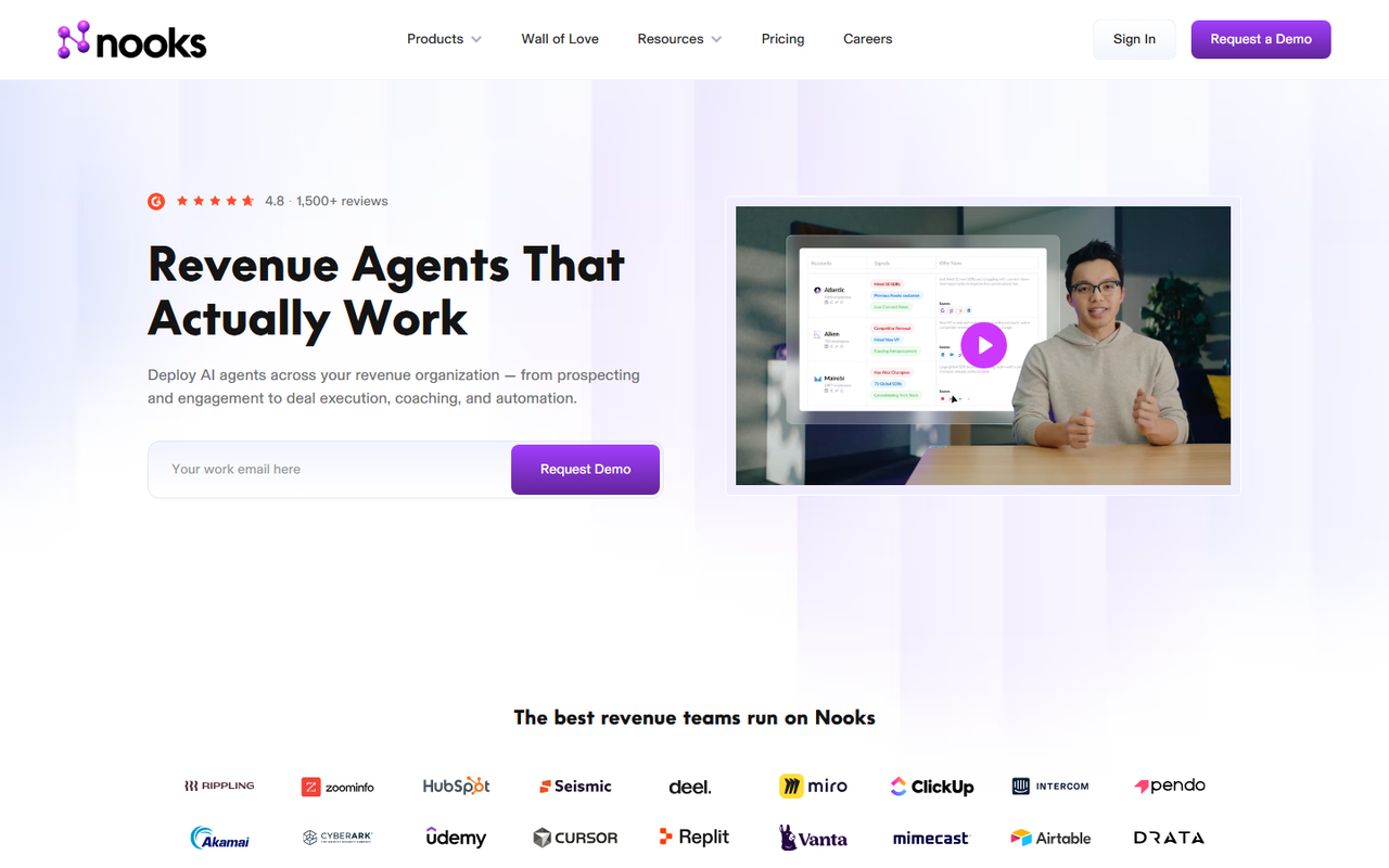 Nooks homepage showing its revenue agents product alongside a G2 rating of 4.8 from more than 1,500 reviews