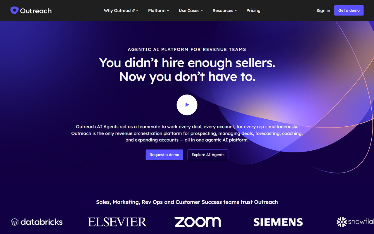 Outreach homepage positioning its agentic AI platform for prospecting, deal management, forecasting and coaching