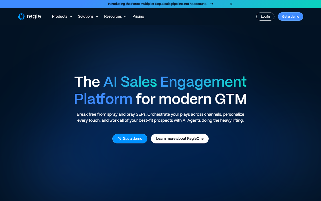 Regie.ai homepage describing its AI sales engagement platform and RegieOne prospecting agents