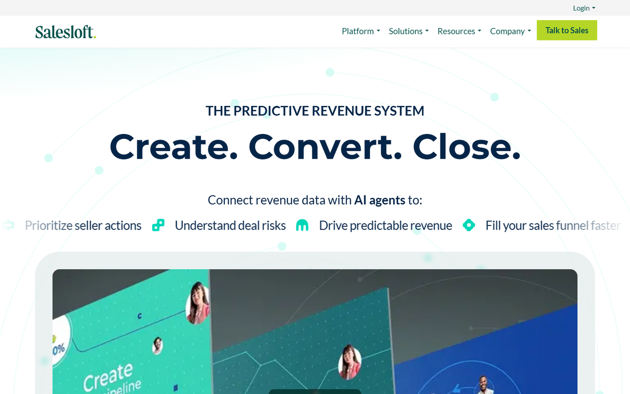 Salesloft homepage showing AI agents that prioritise seller actions, surface deal risk and forecast revenue