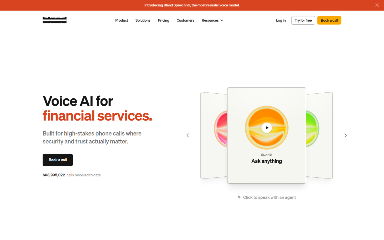 Bland AI homepage showing voice AI built for high-stakes phone calls in financial services, with a counter of more than 603 million calls resolved to date