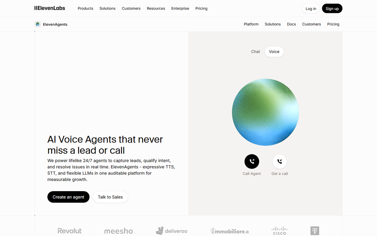 ElevenLabs voice agents page offering a live Call Agent demo and describing expressive text to speech, speech to text and flexible LLMs in one platform