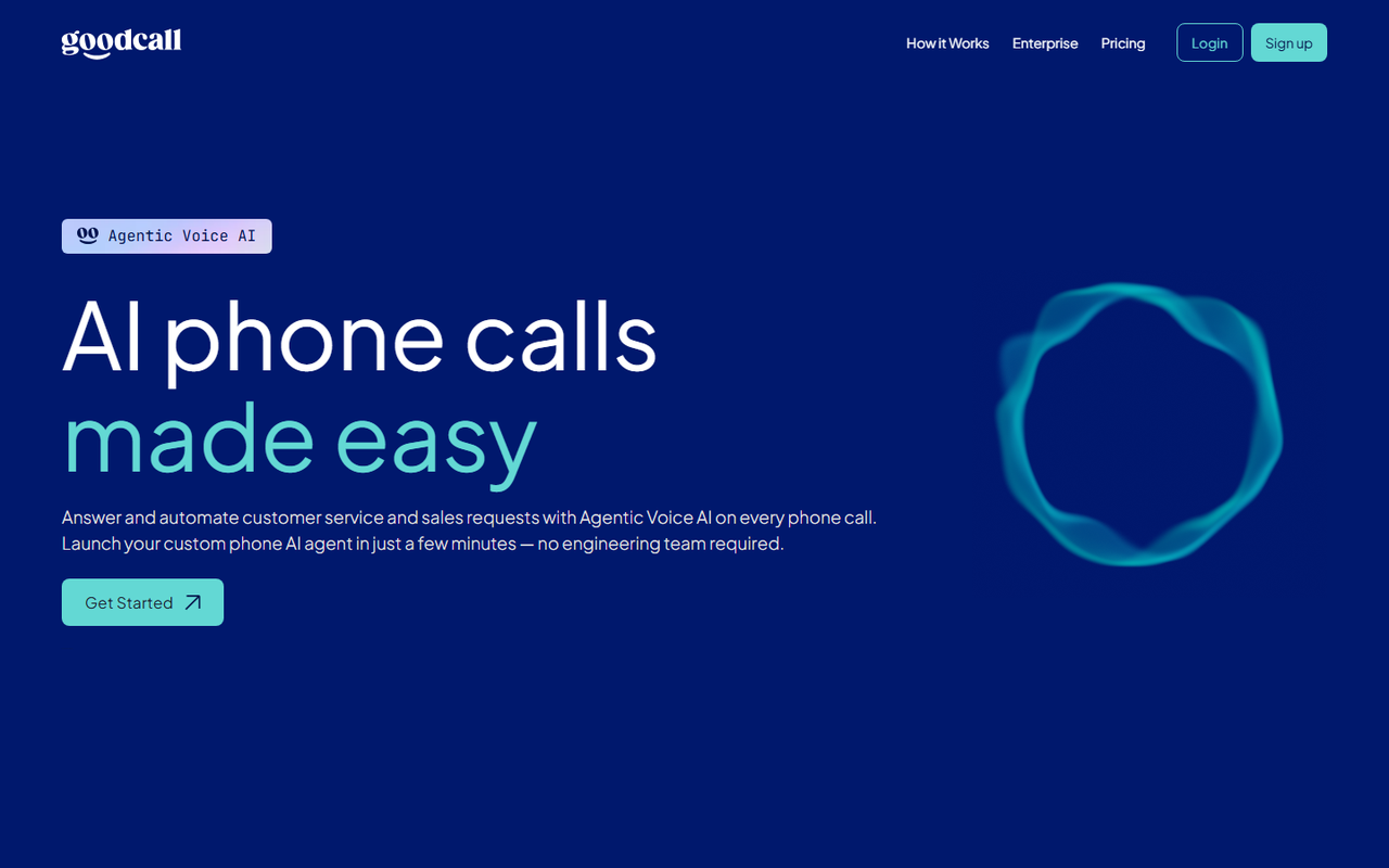Goodcall homepage headlined AI phone calls made easy, describing agentic voice AI that launches in minutes with no engineering team required