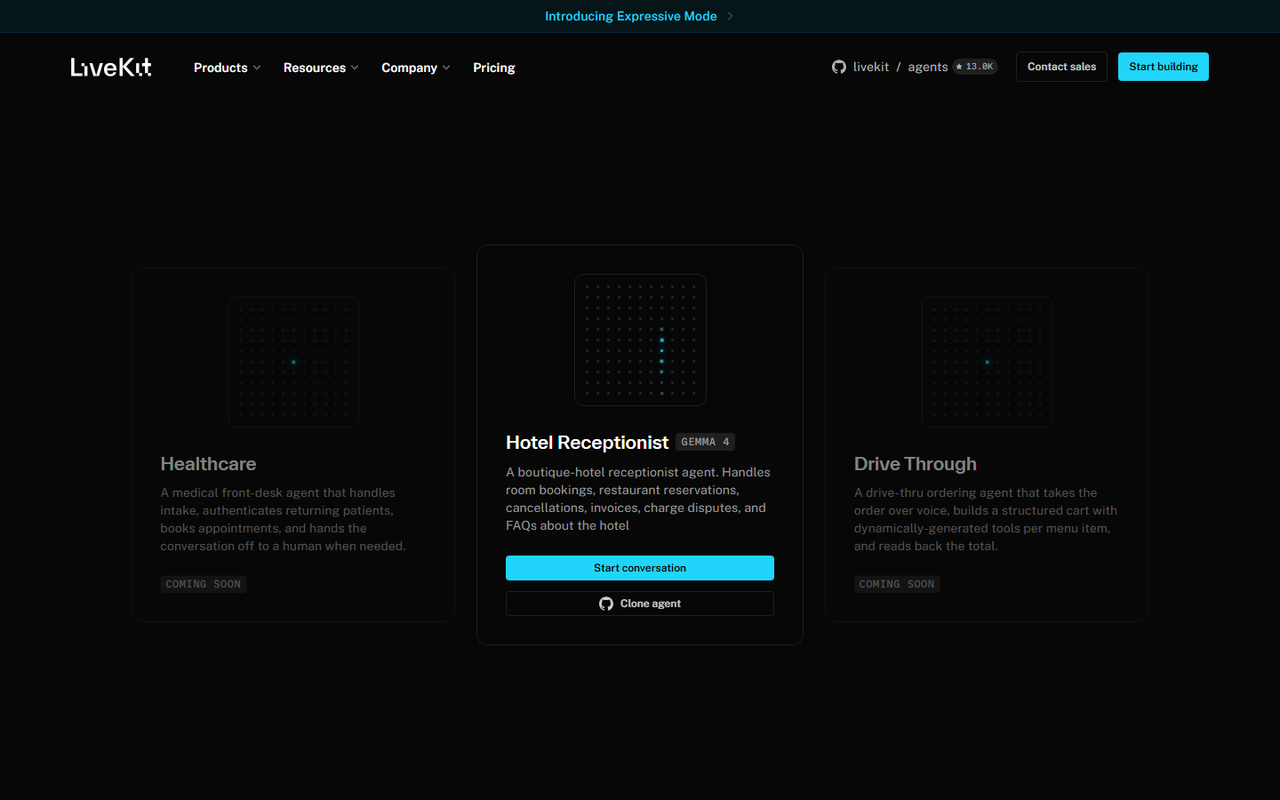 LiveKit agents gallery showing a runnable Hotel Receptionist demo agent built on Gemma 4, with healthcare and drive-through agents marked coming soon