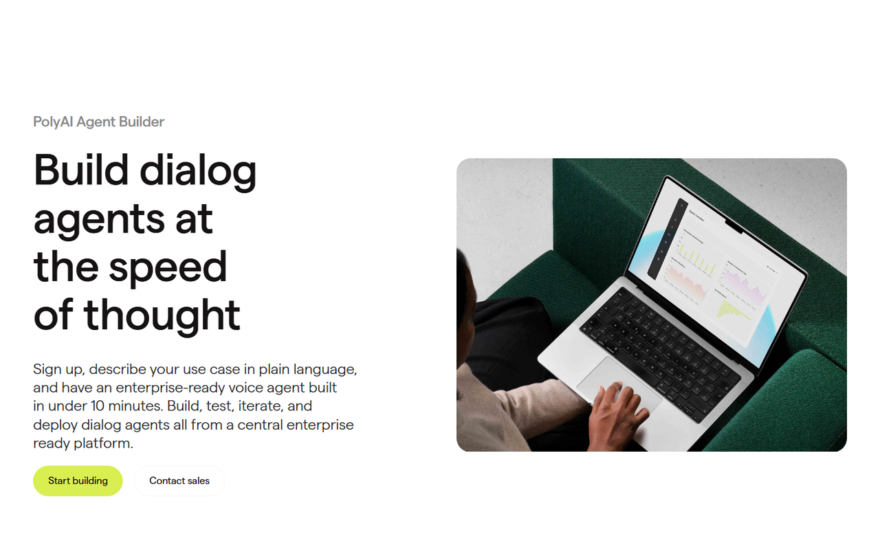 PolyAI Agent Builder page describing an enterprise-ready voice agent built in under ten minutes from a plain-language description of the use case